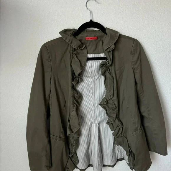 Alice + Olivia Dark Olive Blazer Distressed Ruffle Embellishment & Stand Collar - Picture 4 of 8